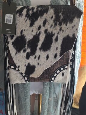 Myra Bag Black and White Cowhide Fringe Shoulder Bag